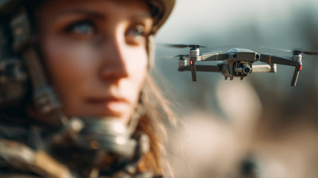 A woman soldier stands in focus while controlling a drone in the background. The scene captures activity during a training exercise in a military area, with clear skies above.の素材