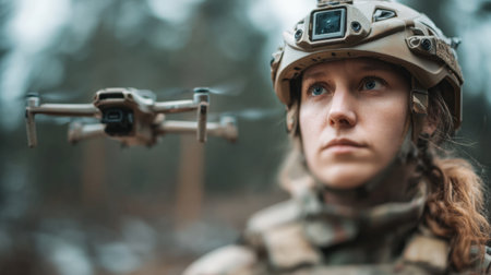 A woman soldier stands in focus while controlling a drone in the background. The scene captures activity during a training exercise in a military area, with clear skies above.の素材