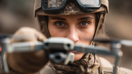 A woman soldier stands in focus while controlling a drone in the background. The scene captures activity during a training exercise in a military area, with clear skies above.の素材