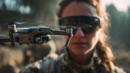 A woman soldier stands in focus while controlling a drone in the background. The scene captures activity during a training exercise in a military area, with clear skies above.の素材
