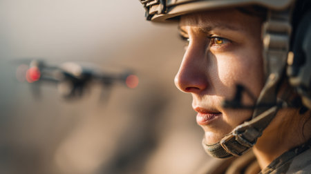 A woman soldier stands in focus while controlling a drone in the background. The scene captures activity during a training exercise in a military area, with clear skies above.の素材