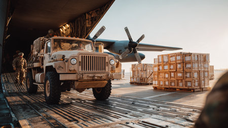 Soldiers unload wooden crates from a military aircraft at an airfield under foggy conditions. A transport truck waits nearby, emphasizing the logistics of the operationの素材