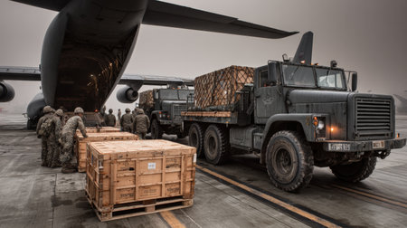 Soldiers unload wooden crates from a military aircraft at an airfield under foggy conditions. A transport truck waits nearby, emphasizing the logistics of the operationの素材