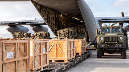Soldiers unload wooden crates from a military aircraft at an airfield under foggy conditions. A transport truck waits nearby, emphasizing the logistics of the operationの素材