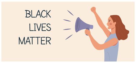 Banner with caucasian woman protesting and holding megaphone, other hand fist raised up. Black lives...