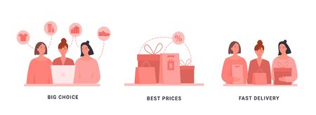Concept for online retailing business. B2C with stages of online shopping - choice, discount, delivery. Set of scenes with woman buying goods in internet store. E-tailing e-commerce banner for websiteのイラスト素材