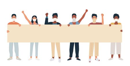 Group of young mix race multicultural men and women standing together and holding blank banner. People in respiratory mask taking part in manifestation, rally or protest. Male and female protesters.のイラスト素材