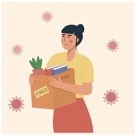Cartoon vector illustration of firing employee during pandemia. Loss job from Coronavirus crisis COVID-19 outbreak lockdown. Dismissed carrying box with her things. Unemployment concept, job reductionのイラスト素材