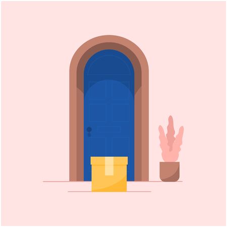 Concept of delivery to the door service concept of package cardboard box with food or groceries at front door. Safe contactless delivery. Vector flat illustration.のイラスト素材