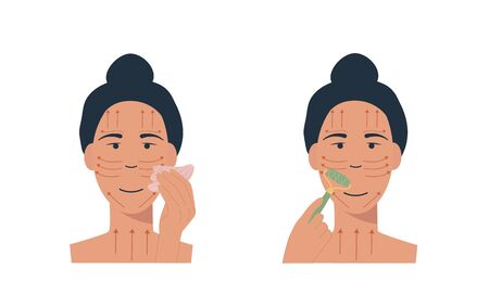 Woman with jade face roller and gua sha stone scraper. Facial yoga. A girl massaging her face. Acupuncture anti-aging traditional chinese medicine self care method. Vector flat illustration on white.のイラスト素材