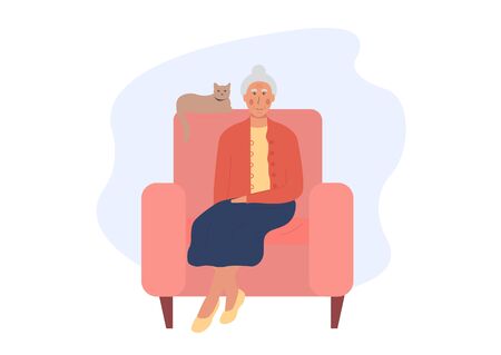 Grandmother sitting in armchair with cat. Postcard for grandparents day. An elderly woman stays at home. Old woman spends time with her pet. Pensioner alone. Flat vector illustration isolated on whiteのイラスト素材