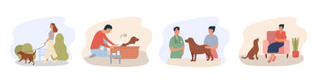 People Walking, Relaxing with Pets Set. Veterinarian vaccinating Dog in Vet Clinic. Woman and Man Characters Taking Care of Animals. Dog and Cat Pet Sitters Concept. Flat Cartoon Vector Illustration.のイラスト素材