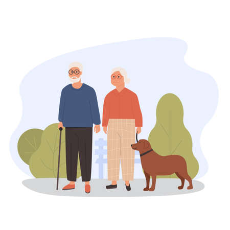 Elderly people walking with dog. Old couple with pet. Modern grandparents outside in the park. Flat vector illustration. Concept of outdoor activity for aged retired pensioner.のイラスト素材