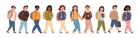 A group of kids walking together with backpacks. Collection of children, pupils, students going to elementary middle school. Kids walking isolated on white background. Flat cartoon style illustrationのイラスト素材