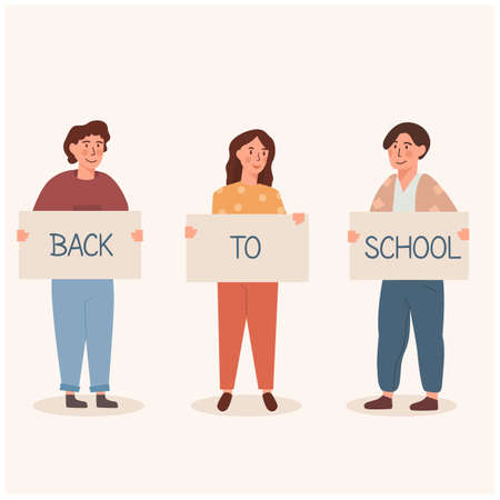 Back to school concept, caucasian children - schoolboys and schoolgirls standing together holding placard with caption. Kids or trendy teenagers in flat cartoon style with banners. Vector illustrationのイラスト素材