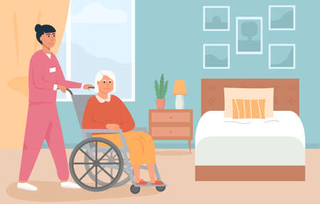 Residential care facility. A nurse with old woman on wheelchair. A bedroom in nursing home or retirement home. Scene of disabled elderly person with social worker at home. Concept of assisted living.のイラスト素材