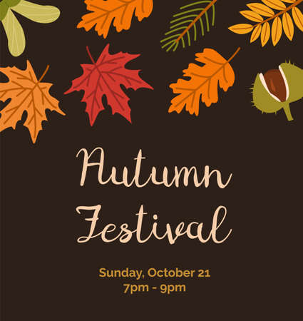 Autumn Festival invitation poster flat vector templates. Botanical banner layouts. Leaves, chestnut and branches with place for text. Fall season event dark background designs.のイラスト素材