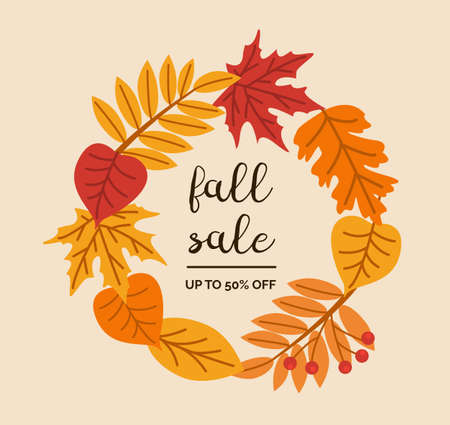 Fall sale calligraphic vector lettering. Autumn holiday isolated phrase. Dried forest leaves and berries wreath. Fall greeting card or seasonal shopping discount design template. Vector illustration.のイラスト素材