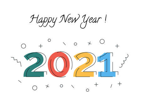 Happy new year 2021 congratulation greeting card. Winter holiday wishes postcard design with inscription. Colorful splash of confetti and abstract geometric outlined figures around mix color numbers.のイラスト素材