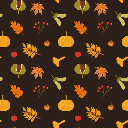Autumn leaves, mushrooms, pumpkin and berries vector seamless pattern. Fall season foliage with acorns wallpaper design. Red ashberry and dog rose berries. Botanical wrapping paper, textile print.のイラスト素材