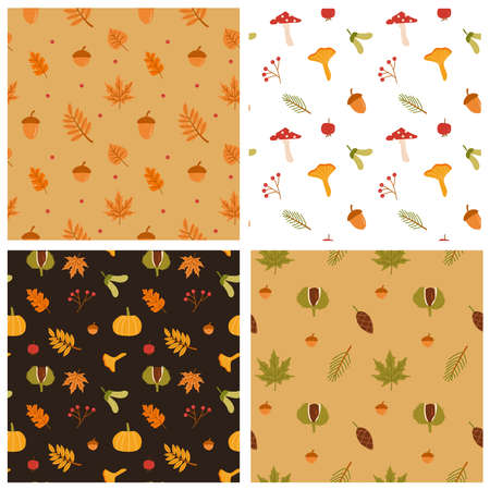 Set of seamless patterns. Autumn forest leaves, mushrooms, pumpkin and berries vector. Fall season foliage with acorns wallpaper design. Red ashberry, dog rose berries. Botanical wrapping paper print.のイラスト素材
