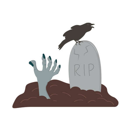 Zombie hand on graveyard with tombstone and crow sitting on it. Creepy scene on cemetery for Halloween event. Composition for postcard. Vector illustration isolated on white.のイラスト素材