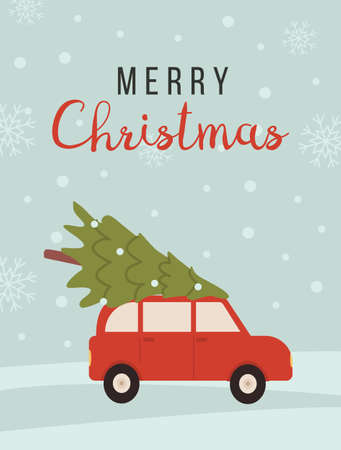 Merry christmas and happy new year time cartoon illustration. Vintage greeting card with red car and xmas tree and caption on background with snowflakes. Postcard for winter holidays. Vector.のイラスト素材