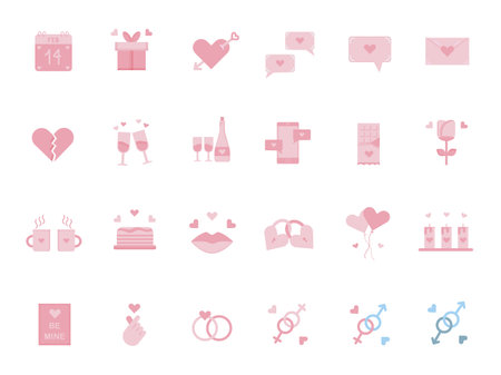 Big set of cute isolated icons in faded pink color. Happy Valentines day signs. Love line icons collection. Flat full color symbols for dating, wedding and romantic amour theme. Vector illustration.のイラスト素材