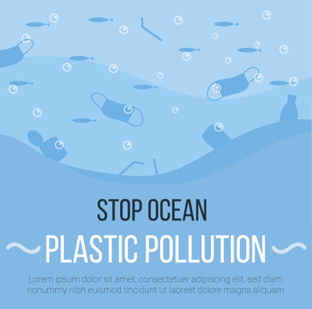 Banner of Covid waste litter in the ocean background. Face masks, latex gloves, medical garbage after COVID-19 pandemic. Web template of coronavirus plastic pollution. Vector flat illustration.のイラスト素材