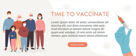 Group of relative wearing face mask staying at home. Family vaccination calendar concept. People on quarantine. Banner or poster with caption Time To Vaccinate. Covid-19 vaccine. Vector illustration.のイラスト素材