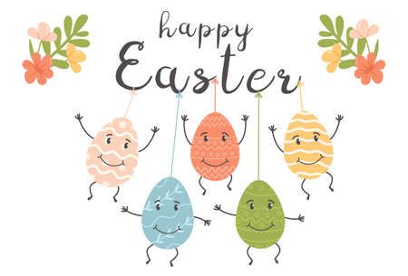 Happy Easter greeting card or cover with decorated colored eggs characters with cute faces. Different ornaments on eggs for Paschal. Flat vector illustration for spring religious holiday.のイラスト素材