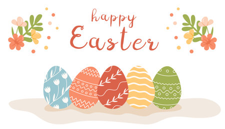 Festive greeting card template with Happy Easter inscription, blossom and blooming flowers. Decorated various ornaments eggs. Flat vector banner illustration for spring religious holiday Paschal.のイラスト素材