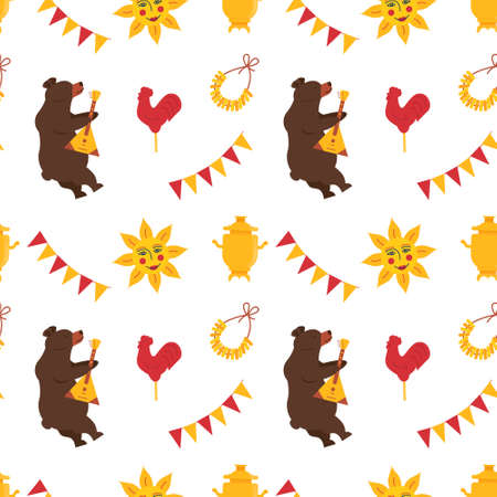 Seamless Pattern for Maslenitsa Pancake week. A bear playing on balalaika. Samovar, folk ethnic sun, bublik, sweet cockerel, decoration. Russian Winter Festival. Slavic Holiday Shrovetide. Vector.のイラスト素材