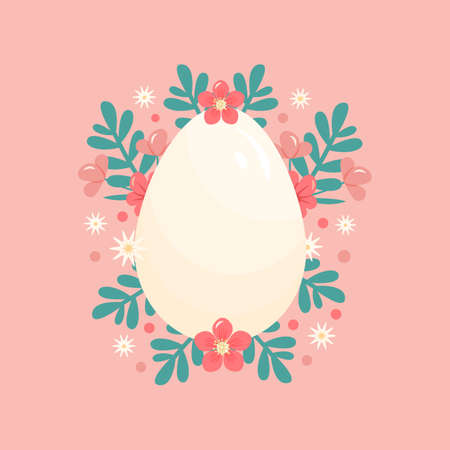 Vector Illustration for Happy Easter Holiday with Egg in centre and Blooming Flowers, Leaves on Pink Background. Template Design with place for text. Greeting Card or Party Invitation.のイラスト素材