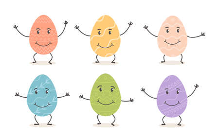 Bundle of dancing Decorated Easter Eggs Characters with funny faces isolated on white background. Collection of with various ornaments. Seasonal character set for Paschal. Flat cartoon illustration.のイラスト素材