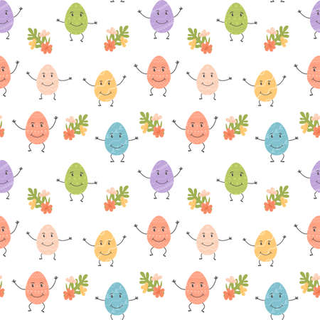 Seamless pattern. Easter eggs characters decorated with various ornaments and funny faces, blooming flowers. Festive print or web design on white background. Flat vector spring religious holiday.のイラスト素材