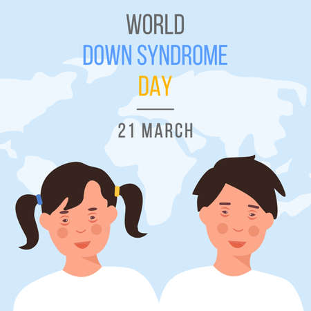Word Down Syndrome Day on March 21. Happy smiling girl and boy with down syndrome on blue background with worldwide map. Trisomy 21, genetic disorder concept. Vector illustration.のイラスト素材