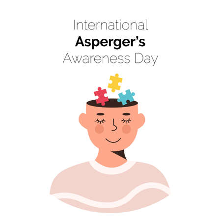 International Asperger Awareness Day Card. Smiling person face with colorful puzzle pieces in his head. Children with Autism disorder. Social Difficulty. Mental disability. Vector Poster. Illustrationのイラスト素材