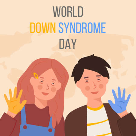 Word Down Syndrome Day on March 21. Happy smiling girl and boy with down syndrome and Yellow and blue painted hands. Trisomy 21, genetic disorder concept. Vector illustration. Web banner in flat styleのイラスト素材