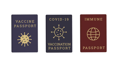 Set of Coronavirus Covid Vaccine Passport with Earth and Virus icon. Different colors Passports for travelling abroad. Vaccination campaign. Vector flat illustration isolated on white background.のイラスト素材