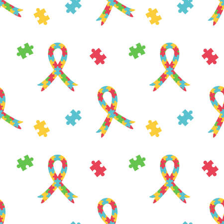 Seamless repeated pattern with puzzle pieces and ribbon for International Autism Awareness Day. Autistic disease. Mental Health. Jigsaw for print and web design. Vector flat.のイラスト素材