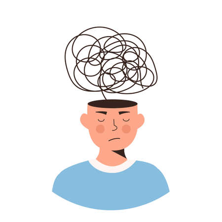 Frustrated person with nervous problem. Distorted thinking, feel anxiety and confusion of thoughts. Mental disorder concept. Chaos in consciousness. Boy with anxiety vector flat style illustration.のイラスト素材