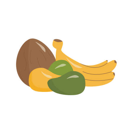 Composition of Tropical Fruits. Typical Asian Summer products. Delicious fresh ripe organic exotic coconut, bananas and mango on white background. Modern flat cartoon colorful vector illustration.のイラスト素材