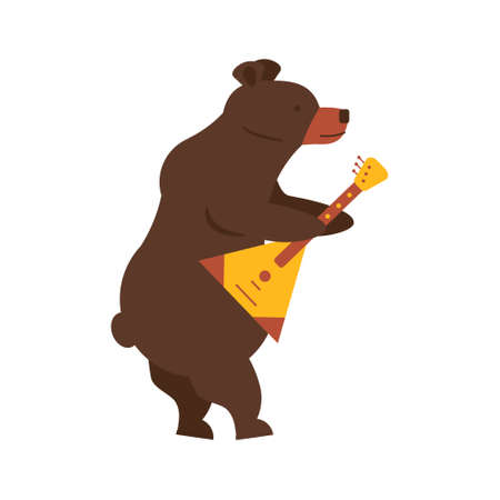 Russian national traditional symbol and mascot playing classic folk musical instrument balalaika. Brown bear flat vector illustration. Folklore fairytail story animal isolated on white background.のイラスト素材