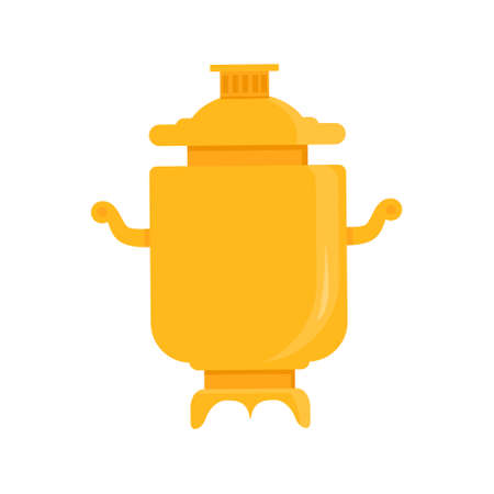 Samovar flat vector illustration. Russian traditional symbol isolated on white background. Heated metal container or boiler for heat and boil water and drink tea.のイラスト素材