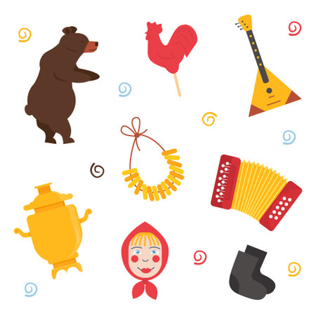 Collection of Russian national attributes isolated on white background. Set of typical USSR symbols - doll, balalayka, accordion, bear, valenki footwear, lollipop and samovar. Cartoon flat vector.のイラスト素材