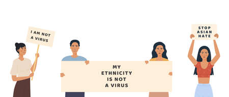 Stop Asian Hate. My Ethnicity is not a Virus. Vector flat Male and Female Asian Community protesting. Stop racism. Trendy Modern Group of People holding banner against bullying hate and violence.のイラスト素材
