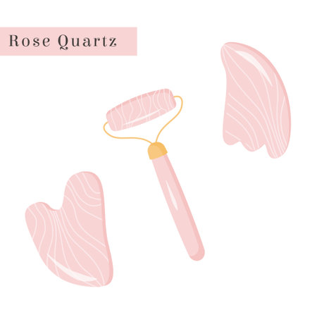 Set of Gua Sha and Rose Quartz natural Jade roller. Scraping massage tool. Natural pink stone scraper. Natural anti-aging facial lifting for woman. Trendy skin care method. Vector flat illustration.のイラスト素材