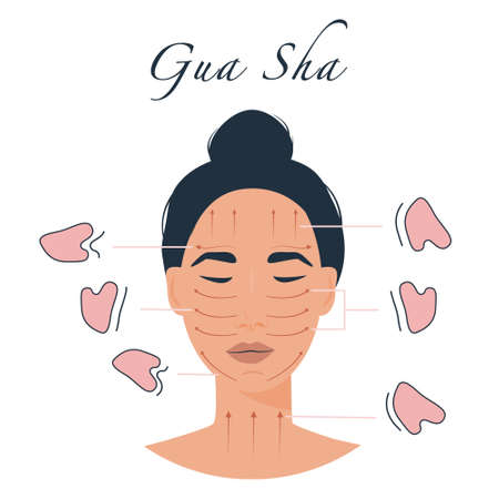 Infographic of gua sha scraper facial yoga. Description how to use pink Rose Quartz Stone Scraper. Woman face massager. Acupuncture lifting anti-aging traditional chinese self care. Vector flat .のイラスト素材