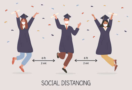 Graduated students jumping and wearing face mask, academic gown or robe, cap, holding diploma. Banner Social distancing during pandemic. Vector female male teenagers celebrating university graduation.のイラスト素材